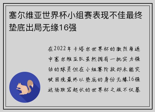 塞尔维亚世界杯小组赛表现不佳最终垫底出局无缘16强 塞尔维亚世界杯小组赛表现不佳最终垫底出局无缘16强